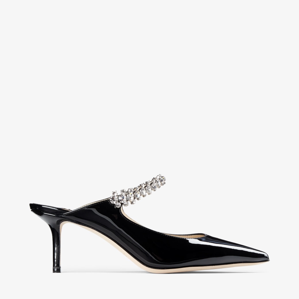 jimmychoo Bing 65 Black Patent Leather Mules with Crystal Strap