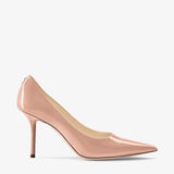 jimmychoo Love 85 Ballet Pink Patent Leather Pointy Toe pumpss with JC Emblem