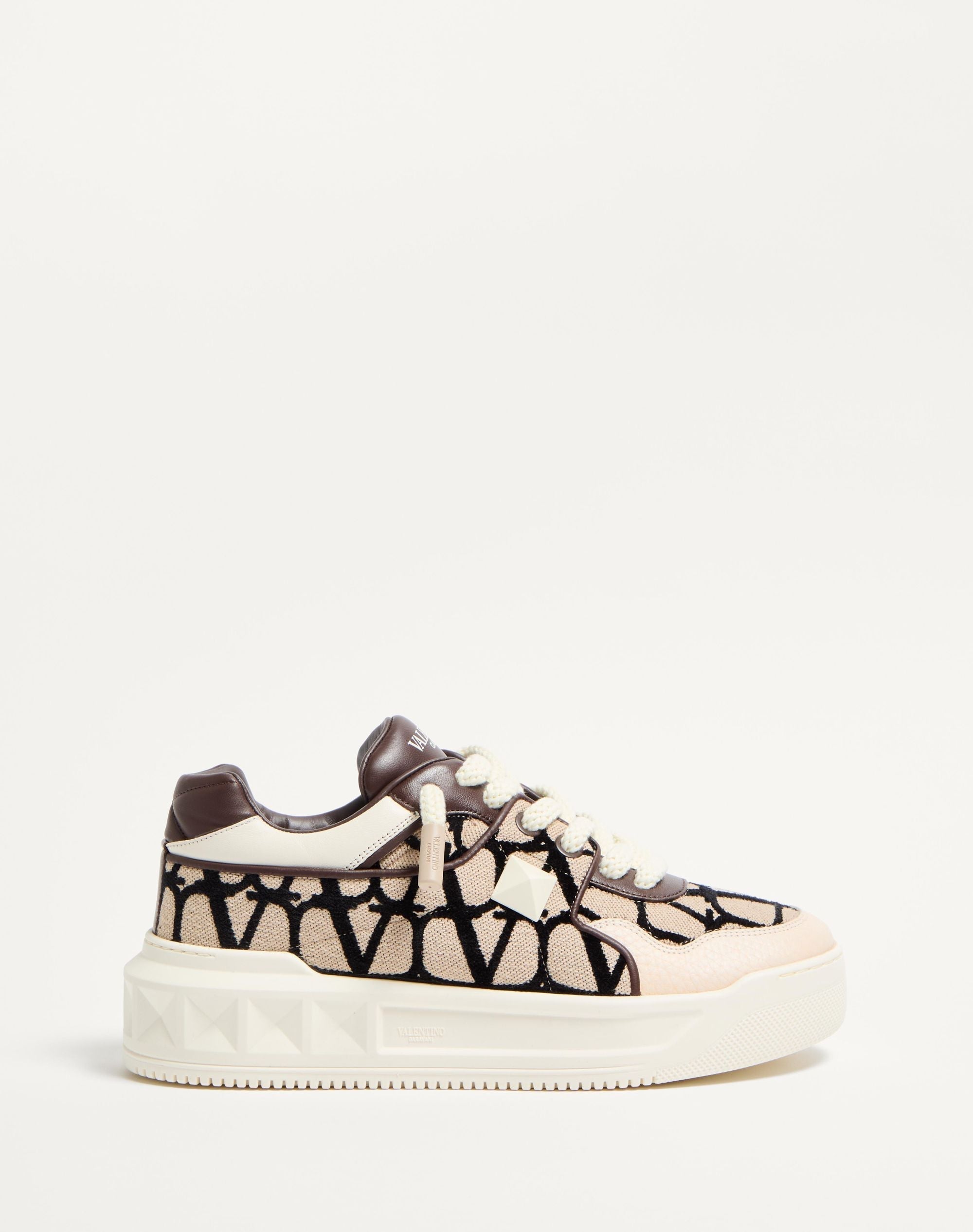 valentino One Stud Xl Low-Top Sneaker In Nappa Leather And Toile Iconographe Fabric